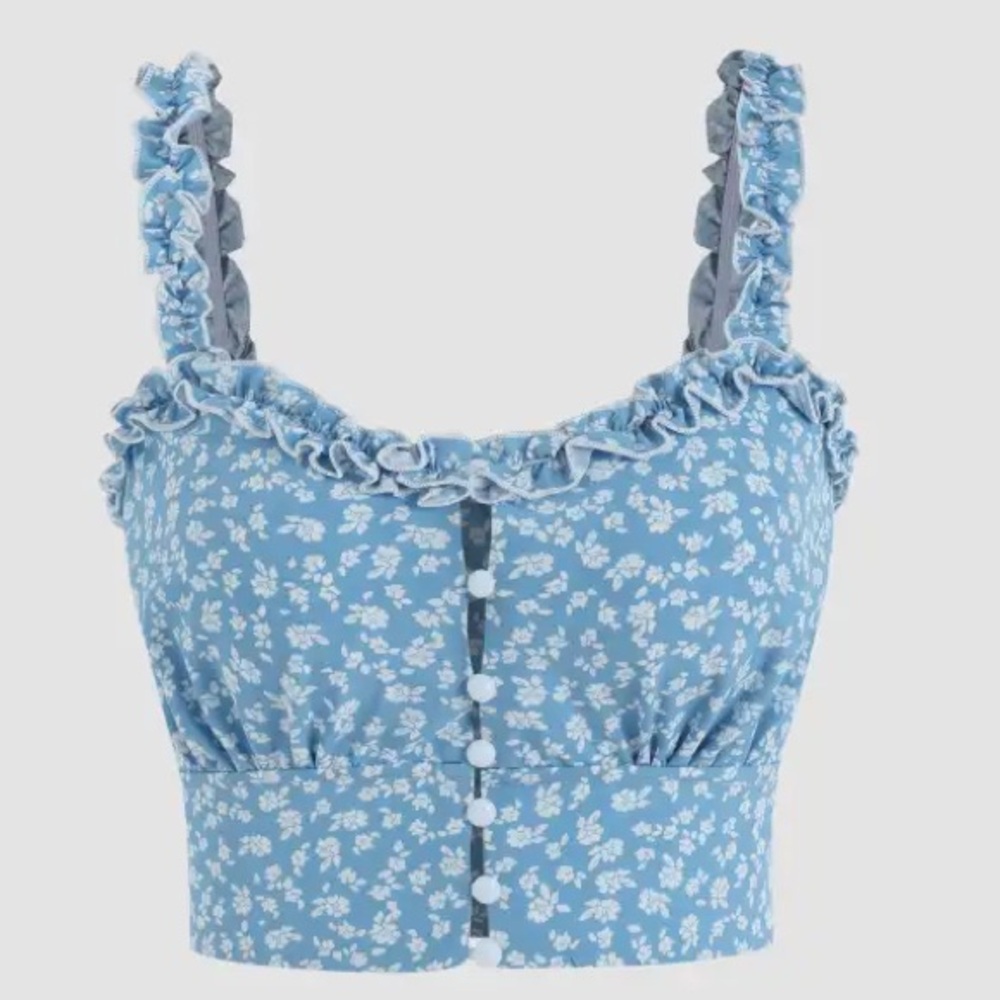 Cider Blue Floral Ruched Crop Top Tank Blouse Size Large New with Tags S52